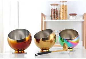 Three-piece stainless steel diagonal spice bowls in gold and rainbow finishes with ladle