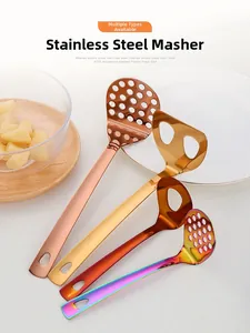 Polished stainless steel potato masher set in gold, rose gold and rainbow finishes