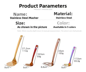 Size specifications for various colorful stainless steel potato mashers and meatball tools