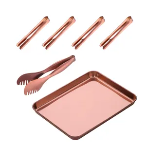 Plateau de service en acier inoxydable or rose et ensemble de pinces à buffet chic