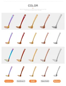 Multi-color stainless steel potato mashers with different hole patterns and finishes