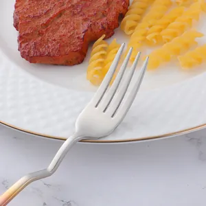 Macro view of a V-shaped gradient silver fork featuring an ergonomic wavy handle design