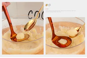 Detail of rose gold stainless steel potato masher and spoon for kitchen use