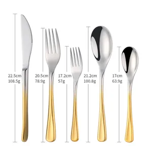 Size chart showing dimensions and weights of the 5-piece stainless steel cutlery set