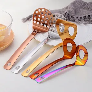 Colorful stainless steel potato mashers in five metallic finishes for modern kitchen use