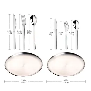 Service de couverts moderne en acier inoxydable argenté avec assiettes et dimensions
