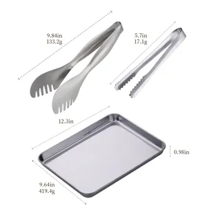 Ensemble de buffet 3 pièces en acier inoxydable avec pinces et plateau rectangulaire