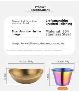 Macro view of 304 stainless steel brushed gold sauce bowl and colorful gradient snack cup