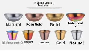 Macro detail of brushed stainless steel sauce cups in gold, rose gold and silver finishes