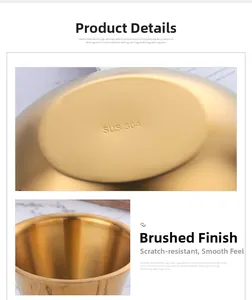 Macro detail of SUS 304 gold stainless steel sauce bowl with brushed texture finish