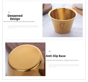 Close-up of golden stainless steel condiment cup with deep basin and non-slip bottom