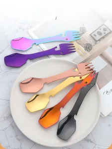 Macro view of multi-color stainless steel camping cutlery with spoon and fork features