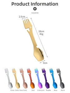 Detailed view of 4-in-1 stainless steel camping cutlery in eight electroplated colors