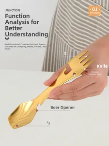 Golden 4-in-1 stainless steel camping tool featuring fork, spoon, knife, and bottle opener
