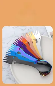 Detail of multi-functional outdoor camping cutlery set showing eight vibrant metallic colors