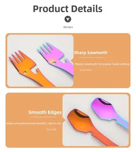 Close-up of rainbow stainless steel 4-in-1 camping utensil showing serrated edge and spoon