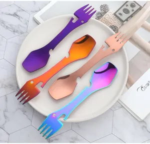 Detail view of 4-in-1 stainless steel camping utensils with colorful vacuum plating finishes