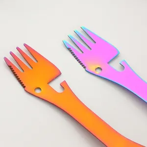 Rainbow stainless steel 4-in-1 multi-functional camping fork spoon and bottle opener