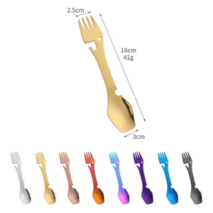 Multi-purpose 4-in-1 stainless steel camping spork in 8 vibrant colors, 18cm long