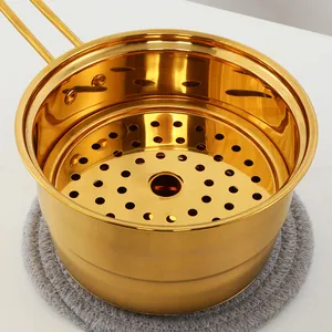 Polished golden stainless steel milk pot with steamer and long handle for home kitchen