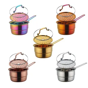 Stainless steel milk pan with steamer and glass lid in five multi-color metallic finishes