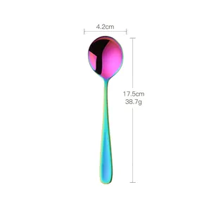 Rainbow gradient 304 stainless steel round spoon for soup and dessert, 17.5cm length