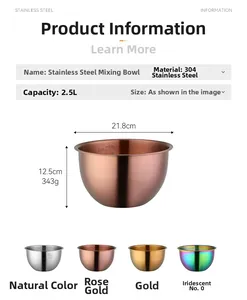 Detailed size specifications for a 2.5L 304 stainless steel mixing bowl with scale