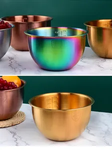 Macro detail of 304 stainless steel mixing bowl with inner measurement scale