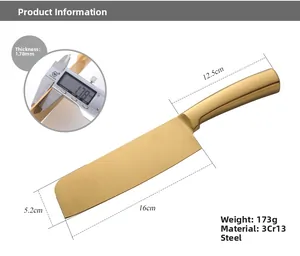 Detail showing dimensions and 1.78mm thickness of the golden 3Cr13 steel kitchen knife