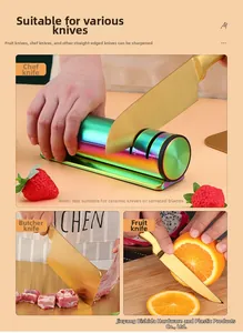 Close-up of a 3-stage rainbow manual knife sharpener with ergonomic cylindrical grip