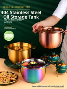 Macro detail of SUS304 stainless steel oil storage pot with filter in multiple metallic finishes