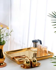 Detail view of a luxurious gold stainless steel tea tray set with rectangular drip plate