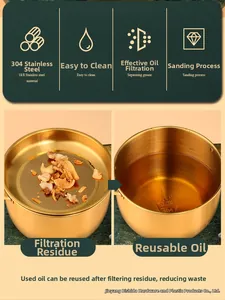 Close-up of gold 304 stainless steel oil filter pot showing fine mesh and clear oil
