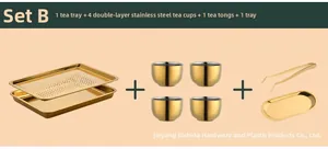 Golden stainless steel tea set with rectangular double-layer drainage tray and four cups