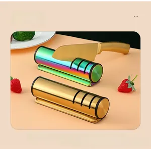 Detailed view of golden and iridescent 3-stage kitchen knife sharpener with metal finish