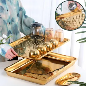 Golden rectangular stainless steel tea tray set with double-layer drainage structure