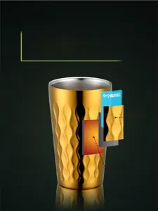 Détail du gobelet doré en acier inoxydable 304 à double paroi avec surface texturée