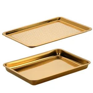 Golden stainless steel rectangular tea tray with draining holes and matching base plate