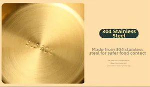 Macro detail of SUS 304 stamp on brushed golden stainless steel bowl with handle