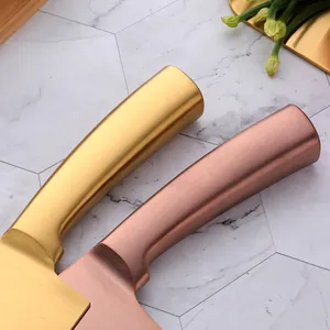 Modern stainless steel chef knife with ergonomic gold and rose gold brushed metal handles