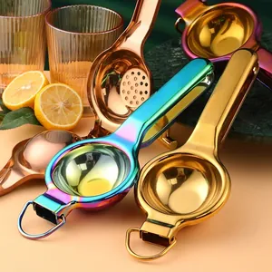 Manual stainless steel lemon squeezer with colorful electroplated finish and hanging loop