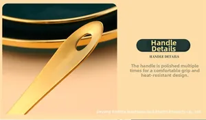 Close-up of golden stainless steel pot handle with brushed texture and hanging hole