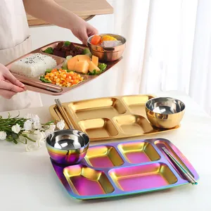304 Stainless Steel Divided Dinner Plate Set Multi Compartment Rectangular Meal Tray With Bowl Spoon Chopsticks For Cafeteria