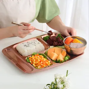Rose gold SUS304 stainless steel 6-compartment meal tray set with bowl and chopsticks