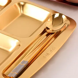 Golden SUS 304 stainless steel meal tray set with spoon and chopsticks for canteen