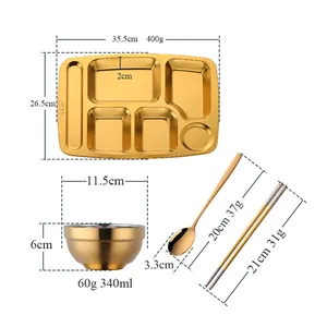 Golden 304 stainless steel 5-compartment tray set with bowl, spoon, and chopsticks