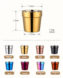Detailed dimensions of 175ml double-wall 304 stainless steel cups in 8 metallic finishes