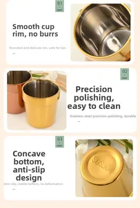 Detailed views of polished SUS304 stainless steel cups with smooth rims and non-slip base