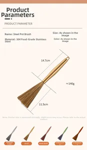 Detailed size chart for the SUS304 stainless steel kitchen pot brush with color options