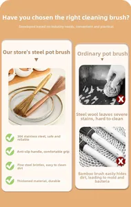Detail of 304 stainless steel pot brush showing dense wire head and long non-slip handle